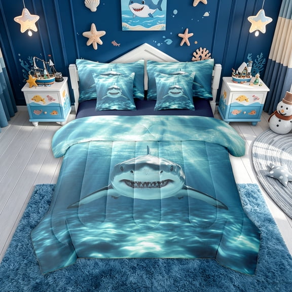 meiyoeat Undersea White Shark Twin Bedding for Men Boys, Sunlight Sea Animal Bedding Comforter Set, Blue, Blue Reversible, 7-Piece