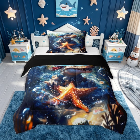 meiyoeat Underwater Dinosaur Turtle Twin Comforter Sets for Boys Girls Kids, Cute Sea Adventure Bedding Set, Blue Orange, Black Reversible, 2-Piece, 1 Comforter and 1 Pillowcase