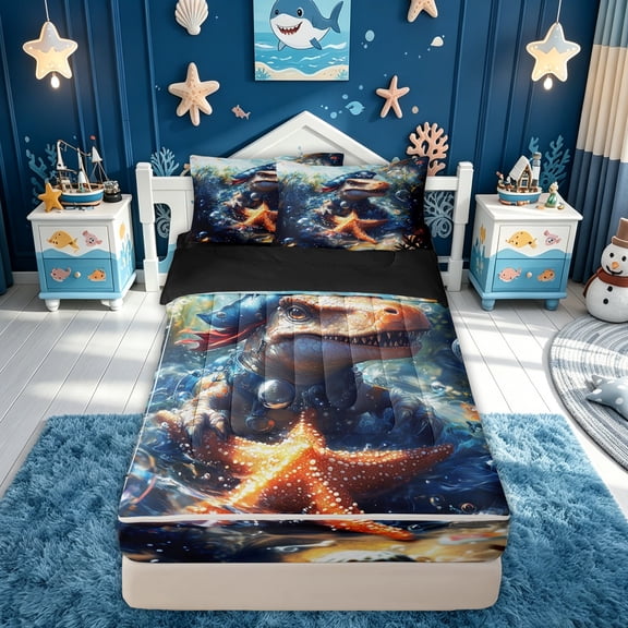 meiyoeat Underwater Dinosaur Turtle Zipper Comforter Set with Fitted Sheet and 2 Pillowcases for Boys Girls Kids, Cute Sea Adventure Zipper Bedding Set, Blue Orange, Black Reversible, 3-Piece