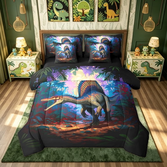 meiyoeat Vibrant Neon Spinosaurus Rainforest Twin Bedding for Boys Men Kids, Retro Jungle Dinosaur Bedding Comforter Set, Blue, Black Reversible, 7pcs
