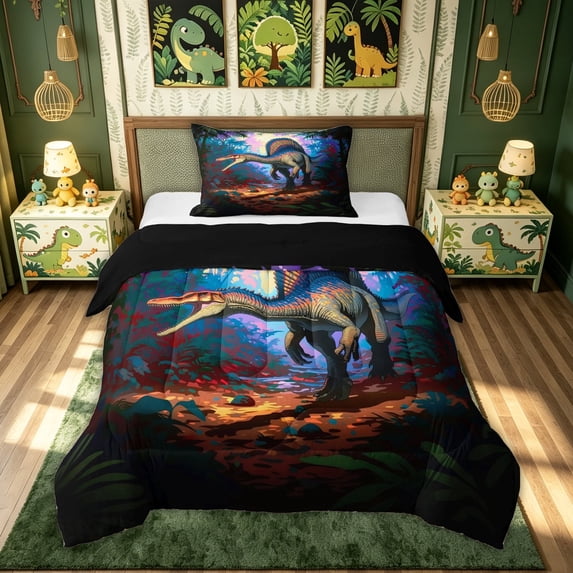 meiyoeat Vibrant Neon Spinosaurus Rainforest Twin Comforter Sets for Boys Men Kids, Retro Jungle Dinosaur Bedding Set, Blue, Black Reversible, 2pcs, 1 Comforter and 1 Pillowcase