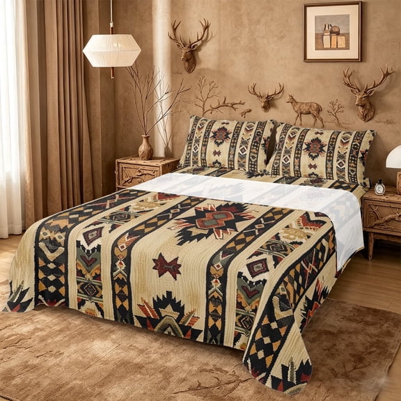 meiyoeat Vintage Aztec Geometric Queen Sheets For Boys,Rustic Boho Style Queen Sheet Sets For Kids,4pcs