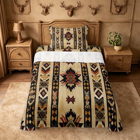 meiyoeat Vintage Aztec Geometric Twin Sheets For Boys,Rustic Boho Style Bedding For Kids,3-Piece