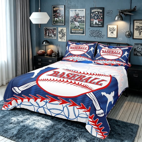 meiyoeat Vintage Baseball Sport Bed Sheets for Boys, Cartoon Ball Bat Full Size Sheets, Blue Red, 4-Piece, 1 Flat Sheet, 1 Fitted Sheet and 2 Pillowcases