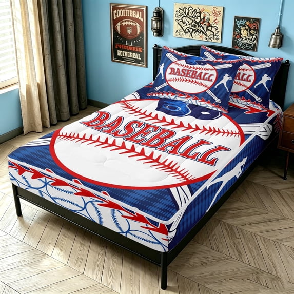 meiyoeat Vintage Baseball Sport Zipper Twin Comforter Sets with Fitted Sheet and 2 Pillowcases for Boys, Cartoon Ball Bat Zipper Bedding Set, Blue Red, Blue Reversible, 4-Piece