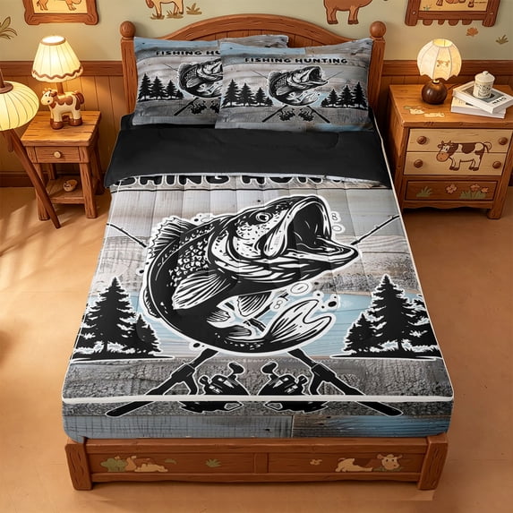 meiyoeat Vintage Bass Fishing Zipper Queen Comforter Set With Fitted Sheet And 2 Pillowcases For Kids,Woodland Fish Print Zipper Bedding Set For Boys,Black Reversible,4Pcs