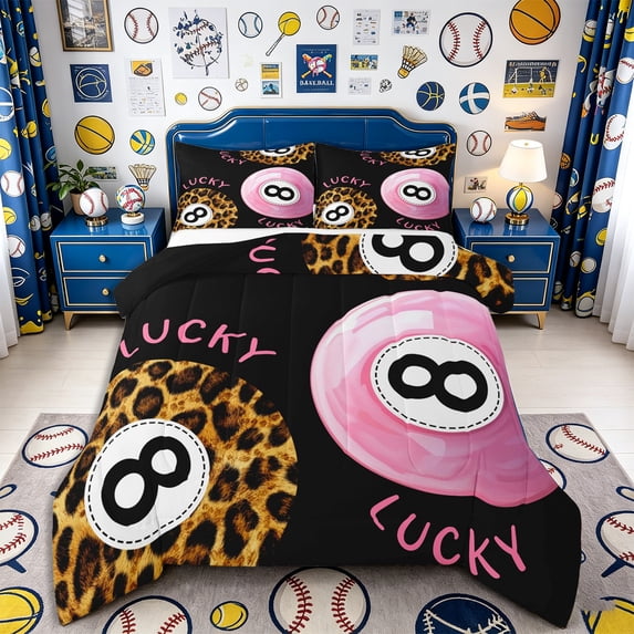 meiyoeat Vintage Billiards Queen Comforter Set 3 Pieces,Leopard Print Billiards Comforter Sets Queen,Pink Brown Black,Black Reversible,1 Comforter and 2 Pillowcases