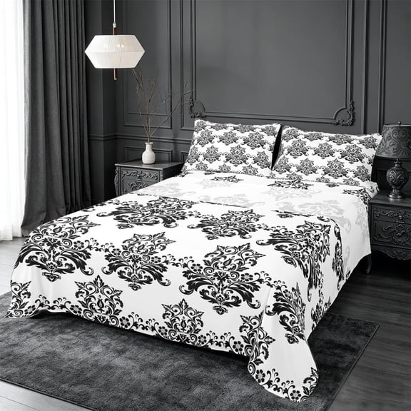 meiyoeat Vintage Bohemian Damask Queen Sheets For Adults,Retro Victorian Baroque Queen Sheet Sets For Men Women,4 Pieces