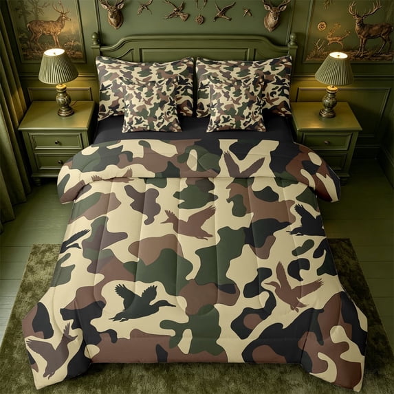 meiyoeat Vintage Camo Duck 7pcs Queen Bedding For Kids,Rustic Farmhouse Hunting Bedding Comforter Set Queen For Men, Beige Green,Black Reversible