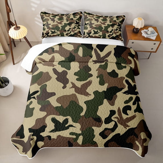 meiyoeat Vintage Camo Duck Quilt King For Kids,Rustic Farmhouse Hunting King Coverlet Set For Men, Beige Green,3-Piece