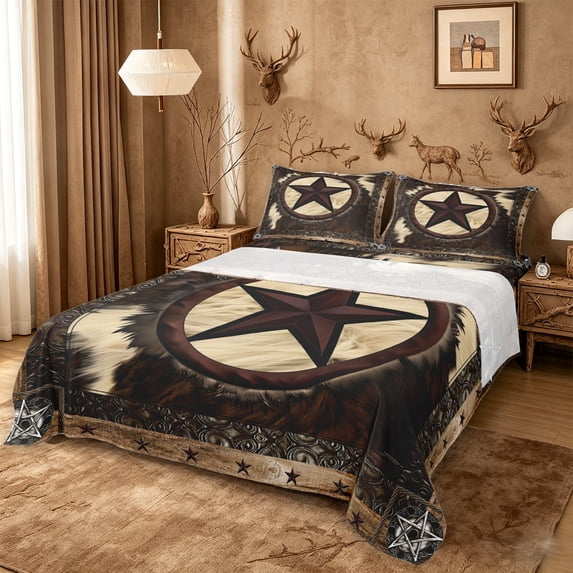 meiyoeat Vintage Cattle Hide Bed Sheets For Boys,Rustic Western Cowboy Full Size Sheets For Kids,4 Pieces