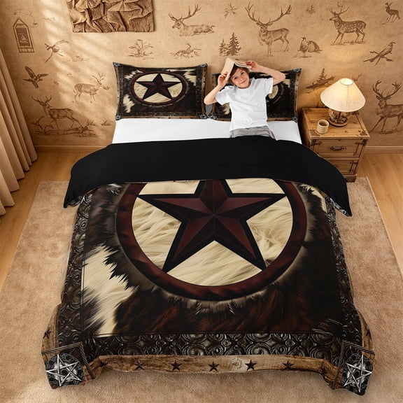 meiyoeat Vintage Cattle Hide Duvet Cover Queen For Boys,Rustic Western Cowboy Queen Bedding For Kids,Black Reversible,3pcs(No Comforter)