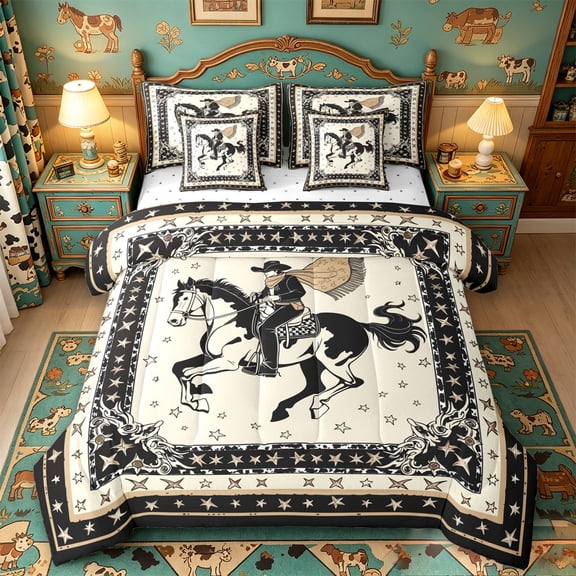 meiyoeat Vintage Cowboy Horse 7 Pieces Full Size Bedding Sets For Boys,Classic Western Print Full Size Bed in a Bag,Reversible