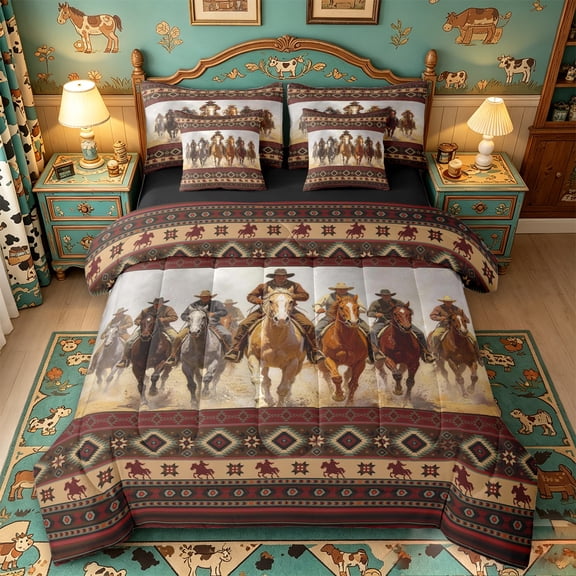 meiyoeat Vintage Cowboy Horse Aztec Print 7-Piece Twin Bedding For Boys,Rustic Western Pattern Bedding Comforter Set,Reversible