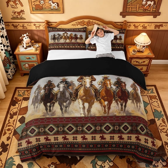 meiyoeat Vintage Cowboy Horse Aztec Print Bedding For Boys,Rustic Western Pattern Duvet Cover Full,Reversible,3 Pieces,1 Duvet Cover and 2 Pillowcases