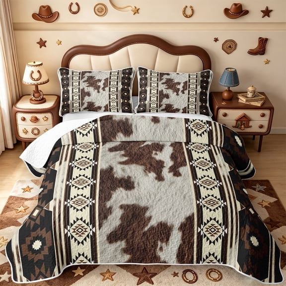 meiyoeat Vintage Cowhide Twin Quilt Set,Geometric Pattern Twin Coverlet Set For Boys,Brown Black,2 Pieces,1 Bedspread and 1 Pillowcase