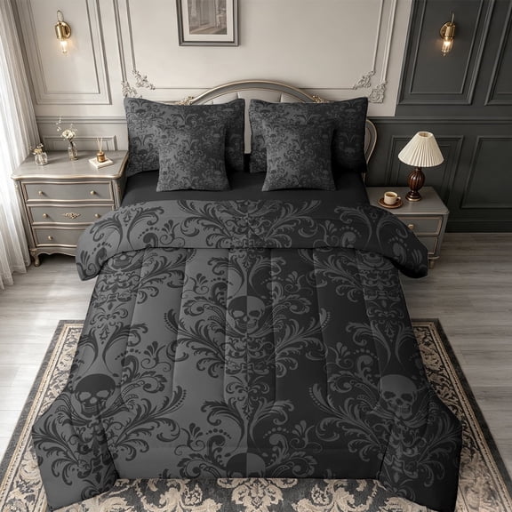 meiyoeat Vintage Damask Floral 7pcs Queen Bedding,Gothic Skull Pattern Bedding Comforter Set Queen For Adults,Grey Black,Black Reversible