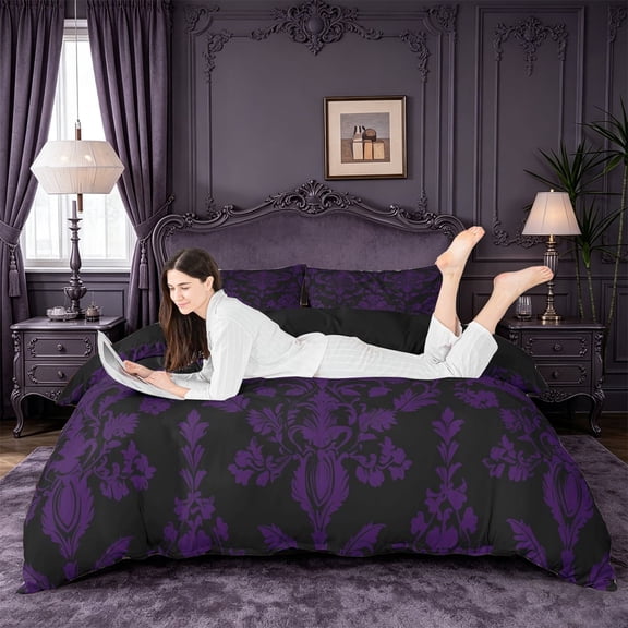 meiyoeat Vintage Damask Floral Duvet Cover Queen,Vintage Gothic Queen Bedding, Purple Black,Black Reversible,3pcs(No Comforter)