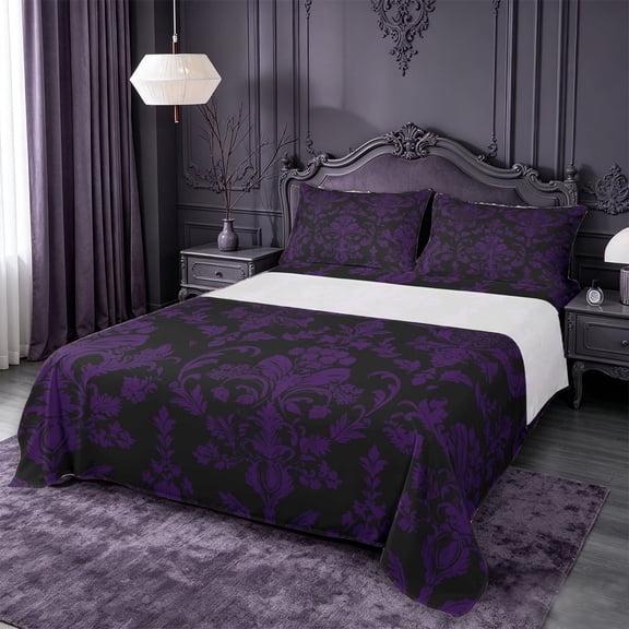meiyoeat Vintage Damask Floral Queen Sheets,Vintage Gothic Queen Sheet Sets, Purple Black,4pcs