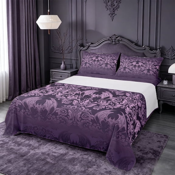 meiyoeat Vintage Damask Print Queen Sheets For Adults,Gothic Bat Queen Sheet Sets For Men Women, Purple Black,4-Piece