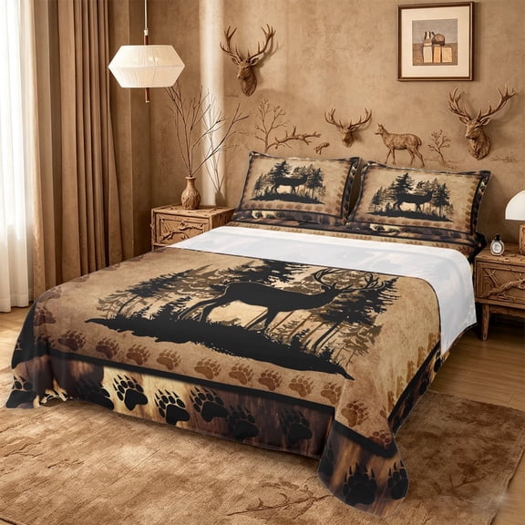 meiyoeat Vintage Deer Silhouette Queen Sheets, Rustic Paw Print Queen Sheet Sets For Boys Kids,4pcs