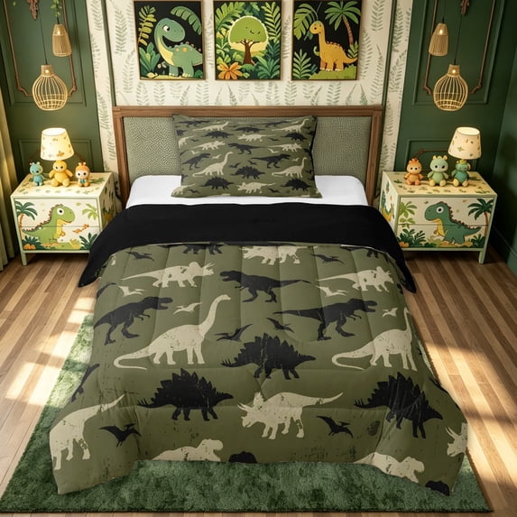 meiyoeat Vintage Dinosaur Twin Comforter Sets for Male Boys, Cartoon Rustic Wildlife Bedding Set, Olive, Black Reversible, 2pcs, 1 Comforter and 1 Pillowcase