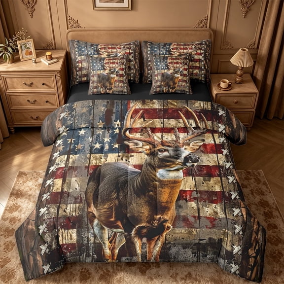 meiyoeat Vintage Flag Deer 7pcs Queen Bedding, Rustic Hunting Print Bedding Comforter Set Queen For Boys,Black Reversible