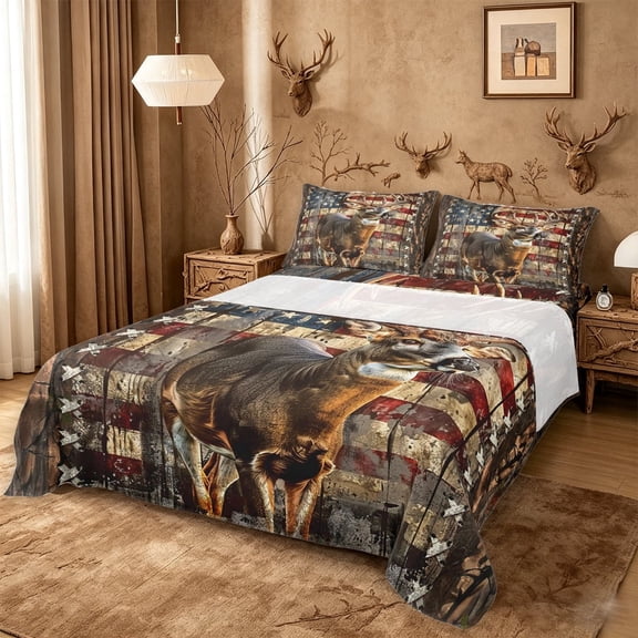 meiyoeat Vintage Flag Deer King Sheets, Rustic Hunting Print Bedding For Boys,4pcs