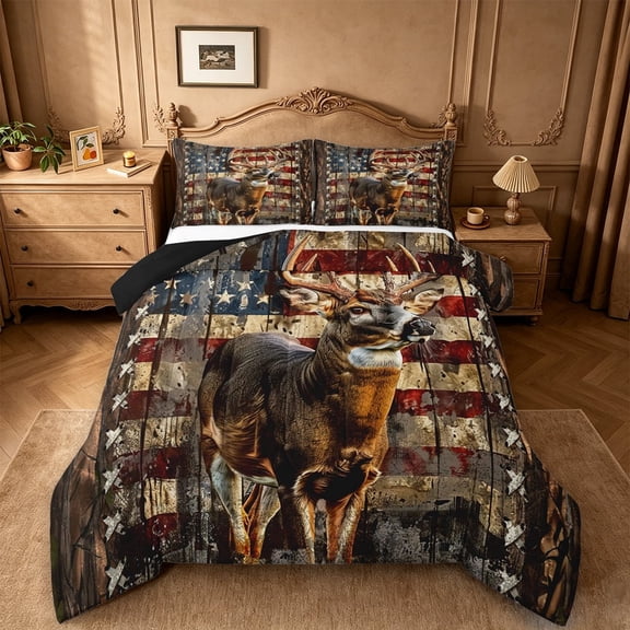meiyoeat Vintage Flag Deer Queen Comforter Set, Rustic Hunting Print Comforter Sets Queen For Boys,Black Reversible,3 Pieces