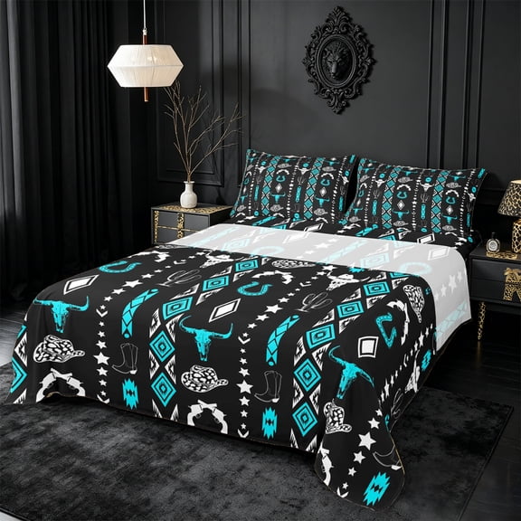 meiyoeat Vintage Geometric Rhombus Aztec Bed Sheets For Boys,Country Western Cowboy Farmhouse Full Size Sheets,4 Pieces,1 Flat Sheet,1 Fitted Sheet and 2 Pillowcases