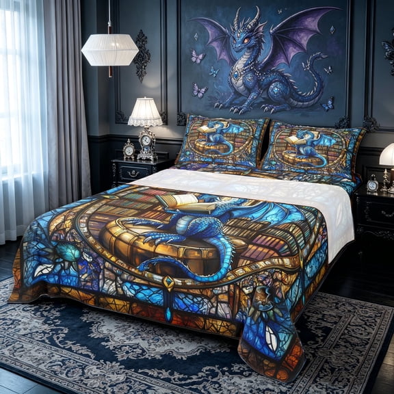 meiyoeat Vintage Glass Dragon Bed Sheets for Kids Boys, Magical Library Animal Full Size Sheets, Blue Black, 4-Piece