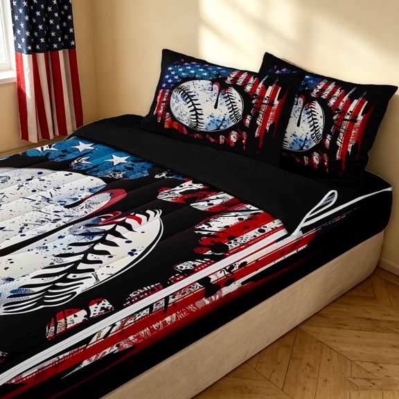 meiyoeat Vintage Grunge Baseball Zipper Twin Comforter Sets with Fitted Sheet and 2 Pillowcases for Boys, American Flag Splash Drip Zipper Bedding Set, Black Reversible, 4pcs
