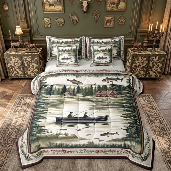 meiyoeat Vintage Lake Cabin Boat Landscape Twin Bedding for Men Women, Pine Forest Wildlife Bedding Comforter Set, Green Brown, Grey Reversible, 7pcs