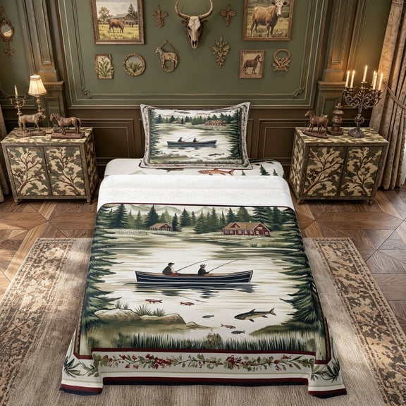 meiyoeat Vintage Lake Cabin Boat Landscape Twin Sheets, Pine Forest Wildlife Bedding, Green Brown, 3pcs, 1 Flat Sheet, 1 Fitted Sheet and 1 Pillowcase