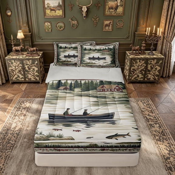 meiyoeat Vintage Lake Cabin Boat Landscape Zipper Twin Comforter Sets with Fitted Sheet and 2 Pillowcases for Men Women, Pine Forest Wildlife Zipper Bedding Set, Green Brown, Grey Reversible, 4pcs