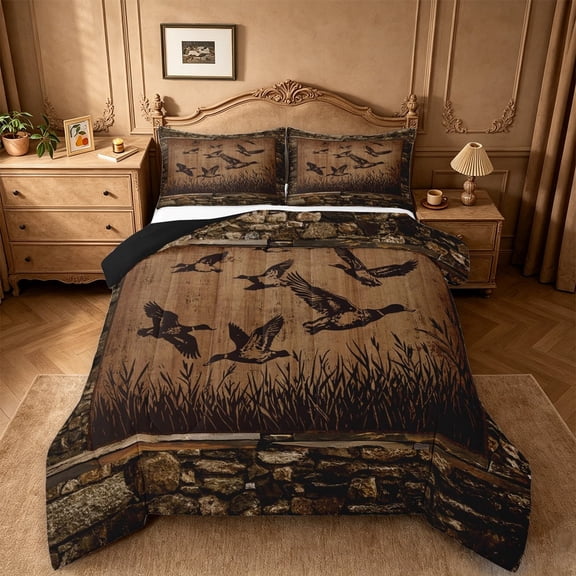 meiyoeat Vintage Mallard Duck Silhouette Queen Comforter Set, Rustic Farmhouse Wood Print Comforter Sets Queen For Kids,Black Reversible,3pcs