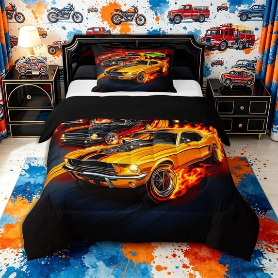 meiyoeat Vintage Muscle Car Twin Comforter Sets 2pcs,Flame Track Art Bedding Set for Bedroom,Orange Black,Black Reversible,1 Comforter and 1 Pillowcase