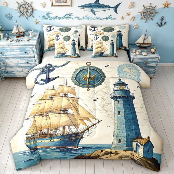 meiyoeat Vintage Nautical Ship Twin Bedding for Boys, Blue Compass Lighthouse Anchor Bedding Comforter Set, Gray Reversible, 7-Piece