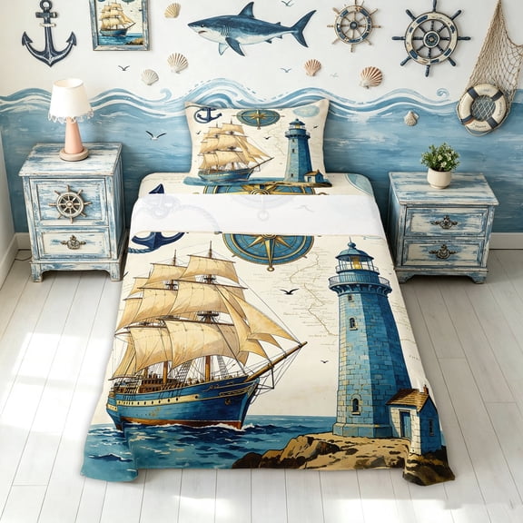 meiyoeat Vintage Nautical Ship Twin Sheets for Boys, Blue Compass Lighthouse Anchor Bedding, 3-Piece, 1 Flat Sheet, 1 Fitted Sheet and 1 Pillowcase