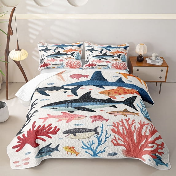 meiyoeat Vintage Ocean Shark Quilt Full for Boys Girls, Coastal Nature Coral Animal Full Bedspread Sets, 3-Piece