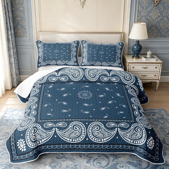 meiyoeat Vintage Paisley Bed Spread Queen,Rustic Western Style Queen Coverlet Set For Adults,Blue White,3 Pieces,1 Quilt and 2 Pillowcases