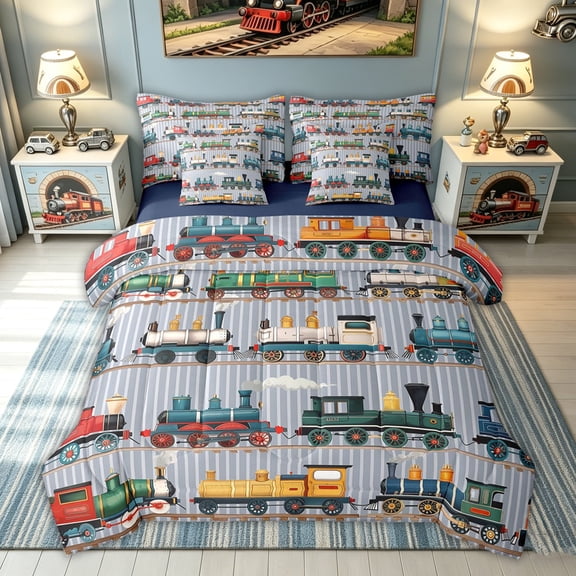 meiyoeat Vintage Steam Train Twin Bedding for Kids Boys, Retro Locomotive Car Bedding Comforter Set, Multicolor Gray, Blue Reversible, 7-Piece
