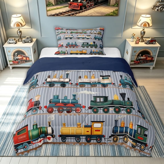 meiyoeat Vintage Steam Train Twin Comforter Sets for Kids Boys, Retro Locomotive Car Bedding Set, Multicolor Gray, Blue Reversible, 2-Piece