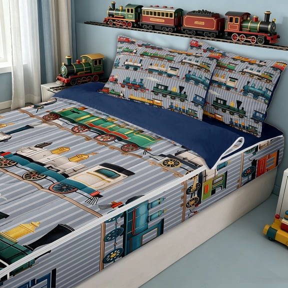 meiyoeat Vintage Steam Train Zipper Twin Comforter Sets with Fitted Sheet and 2 Pillowcases for Kids Boys, Retro Locomotive Car Zipper Bedding Set, Multicolor Gray, Blue ReversibleB
