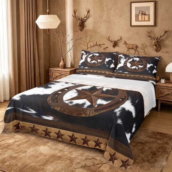 meiyoeat Vintage Texas Stars King Sheets For Boys,Rustic Farmhouse Cowhide Bedding For Kids,4 Pieces