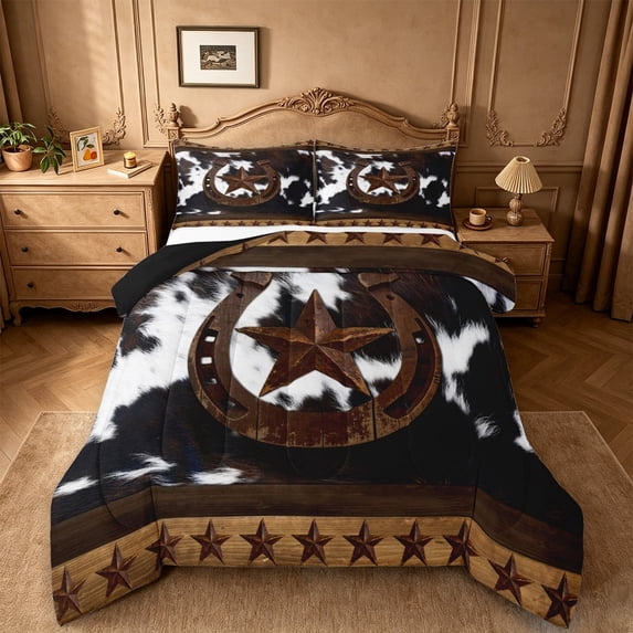meiyoeat Vintage Texas Stars King Size Comforter Sets For Boys,Rustic Farmhouse Cowhide Comforters King Size For Kids,Black Reversible,3 Pieces