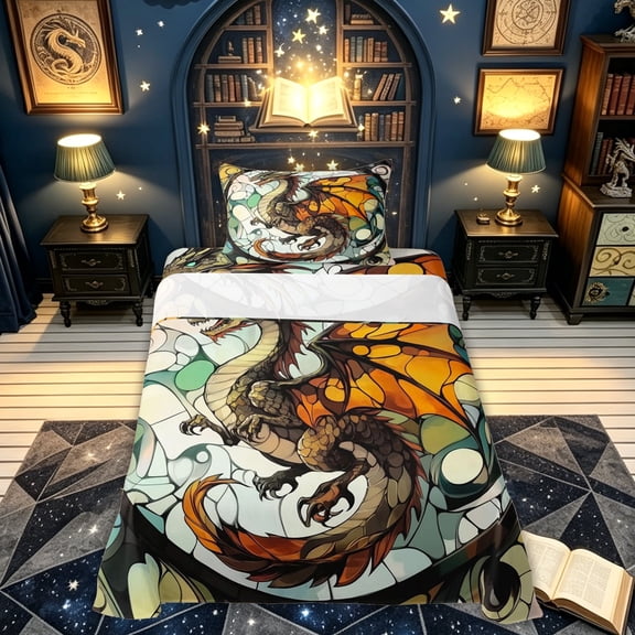 meiyoeat Vintage Western Dragon Twin Sheets for Men Boys, Boho Butterfly Animal Bedding, Orange Green, 3 Pieces, 1 Flat Sheet, 1 Fitted Sheet and 1 Pillowcase