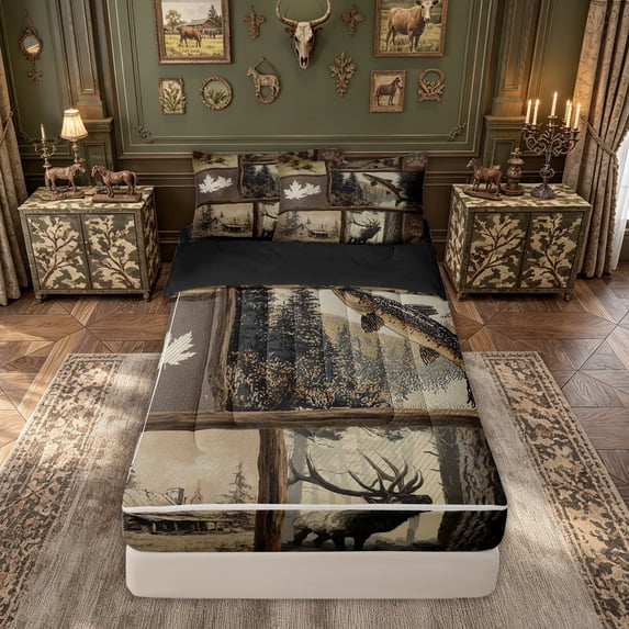 meiyoeat Vintage Wood Deer Pike Fishing Zipper Full Size Comforter Sets with Fitted Sheet and 2 Pillowcases, Rustic Cabin Pine Tree Zipper Bedding Set, Black Reversible, 4pcs