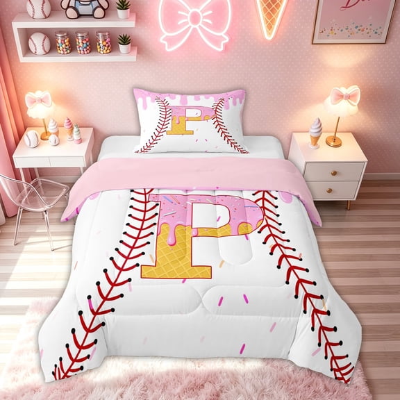 meiyoeat Waffle Monogrammed P Twin Comforter Sets for Boys, Ice Cream Baseball Bedding Set, Pink Yellow, Pink Reversible, 2pcs, 1 Comforter and 1 Pillowcase