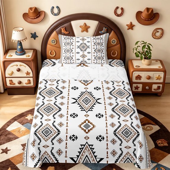 meiyoeat Warm Aztec Twin Sheets,Bohemian Tribal Bedding For Boys,Black Brown White,3 Pieces1 Flat Sheet, 1 Fitted Sheet and 1 Pillowcase
